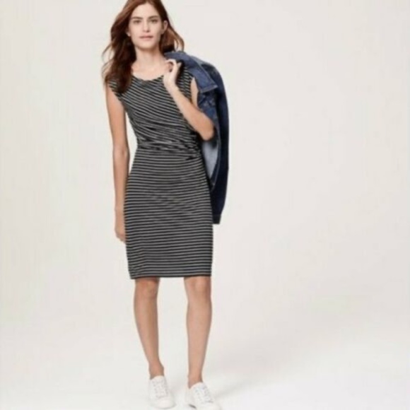 Ann Taylor LOFT Gathered Stripe Side Ruched Jersey Knit Pullover Dress ~ Large - Picture 3 of 11